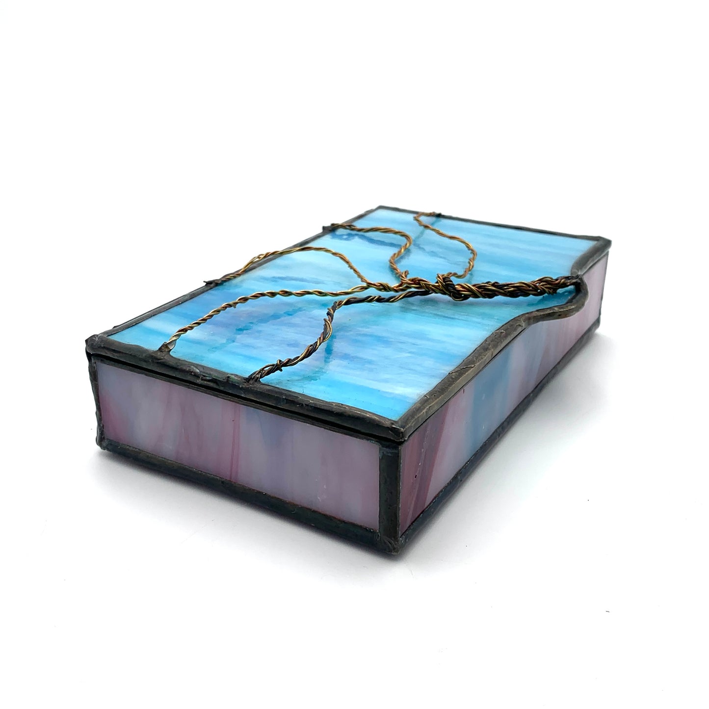 Large Blue/Pink Stained Glass Box with Tree