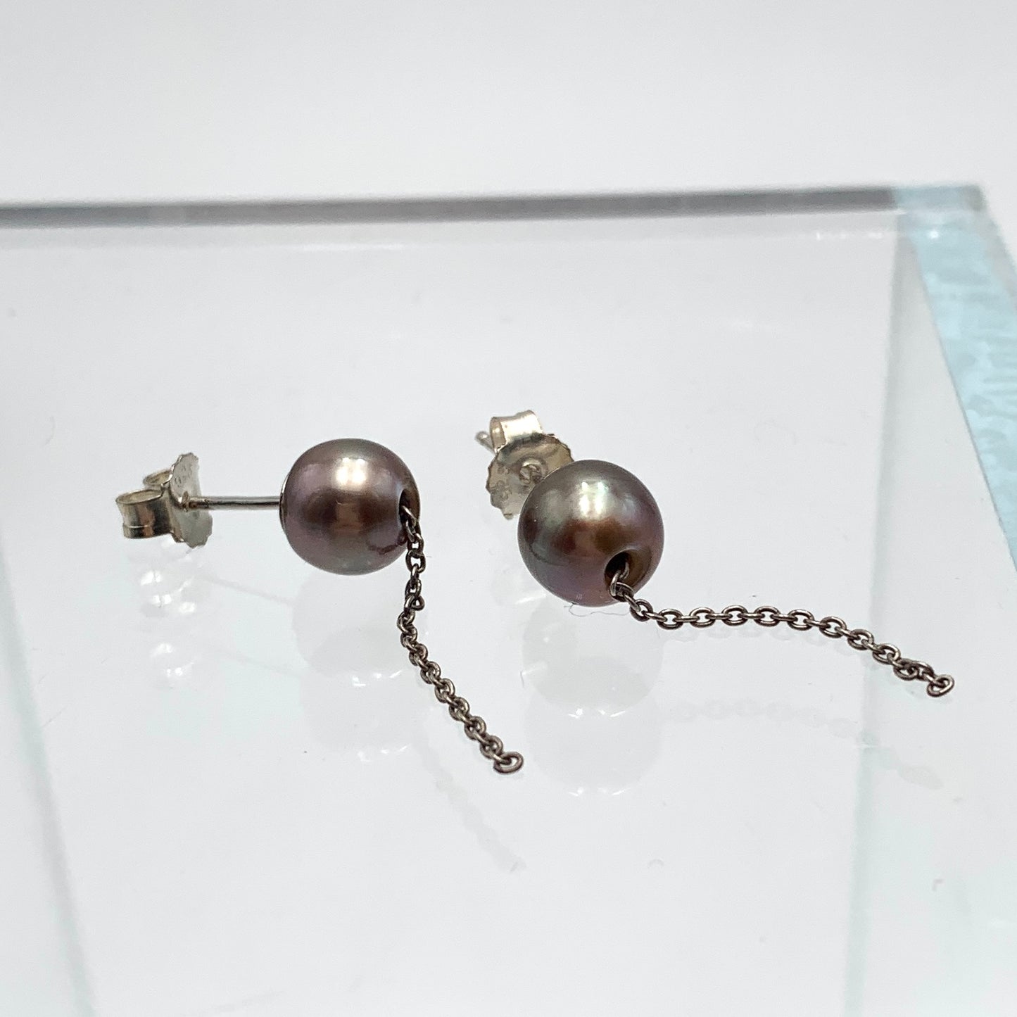 SS Pearl and Chain Stud Earrings - Black