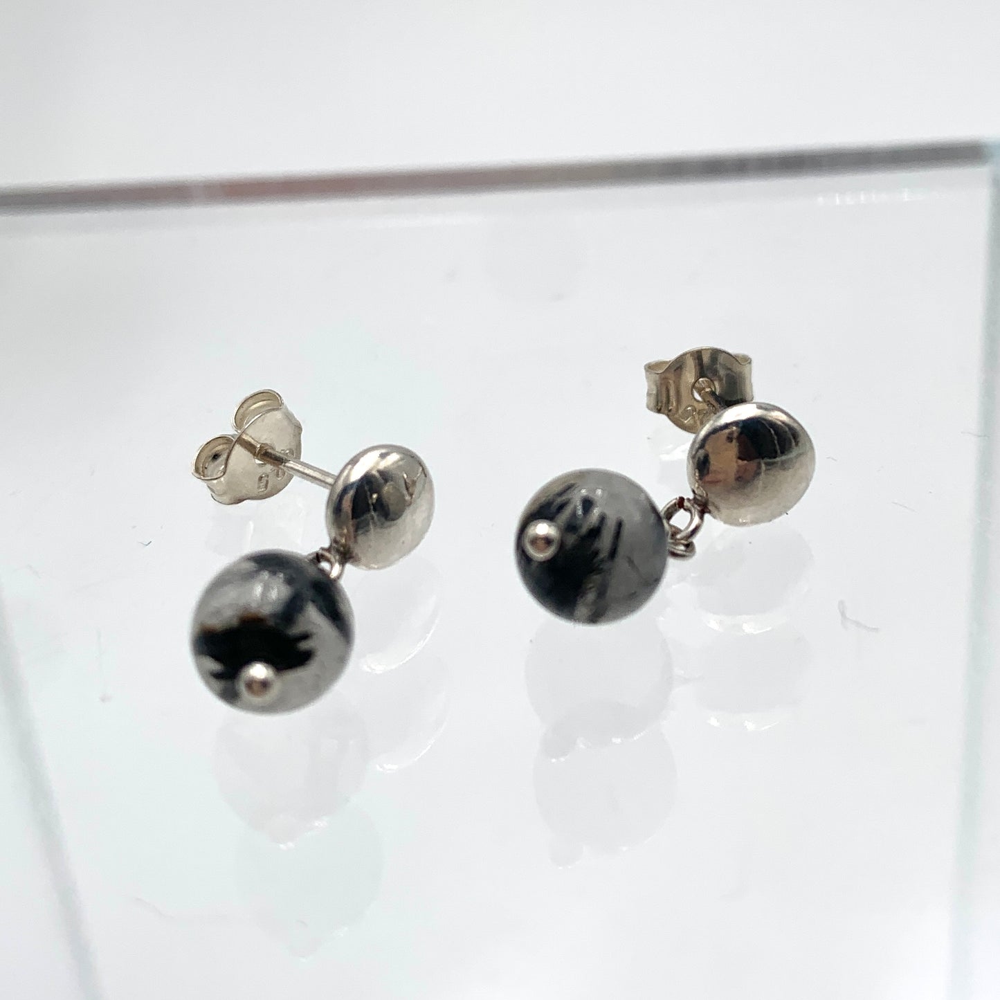 SS "Puff" Stud Earrings with Tourmalated Quartz Drop