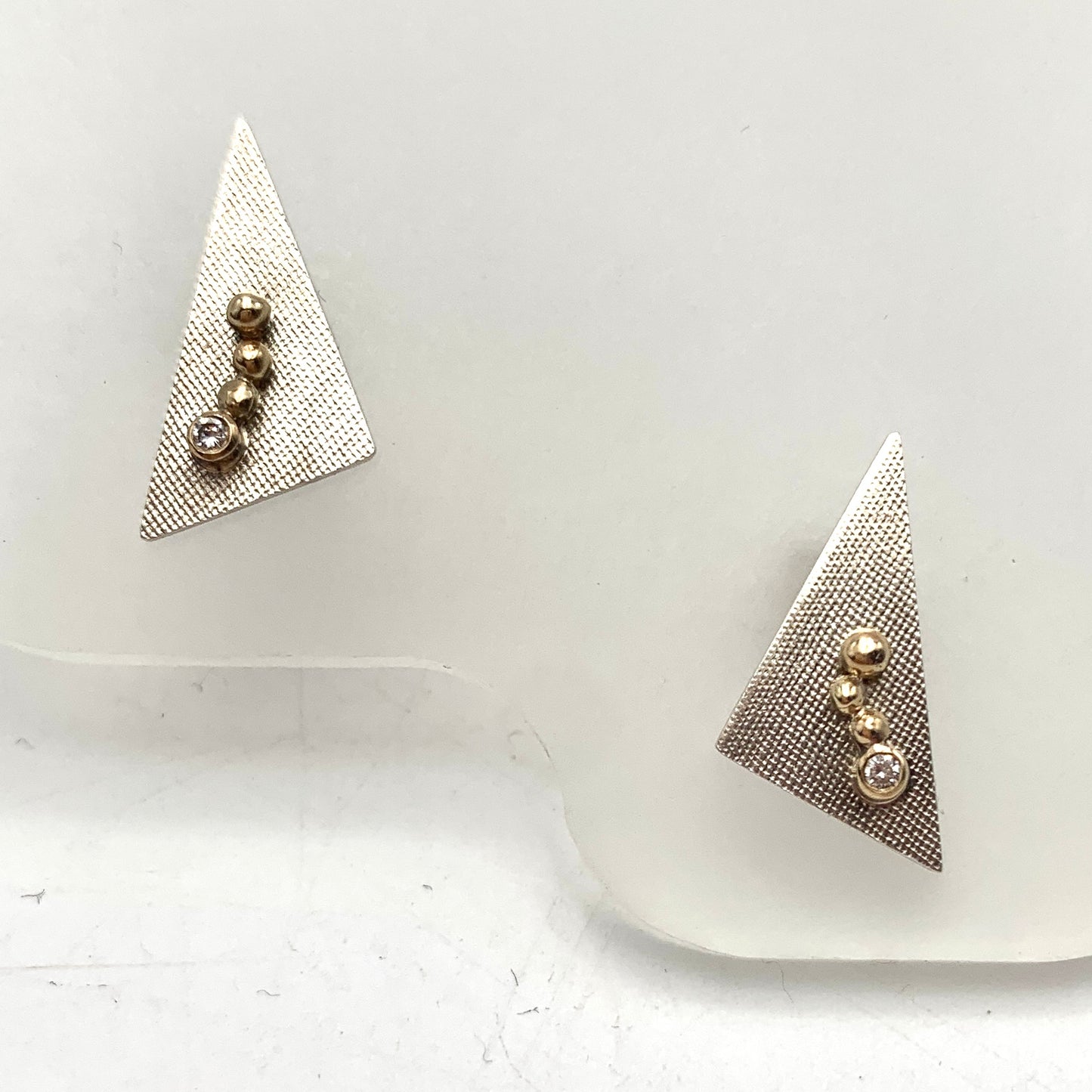SS and 14k Gold Diamond Triangle Stud Earrings
