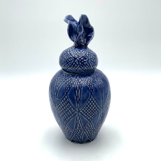 Lidded Vase Carved Dark Blue
