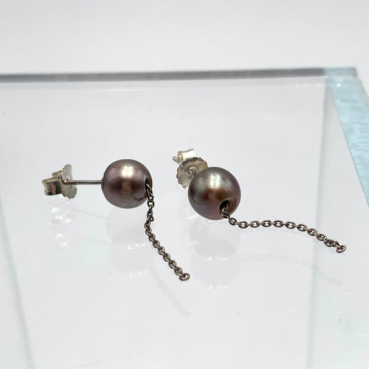 SS Pearl and Chain Stud Earrings - Black