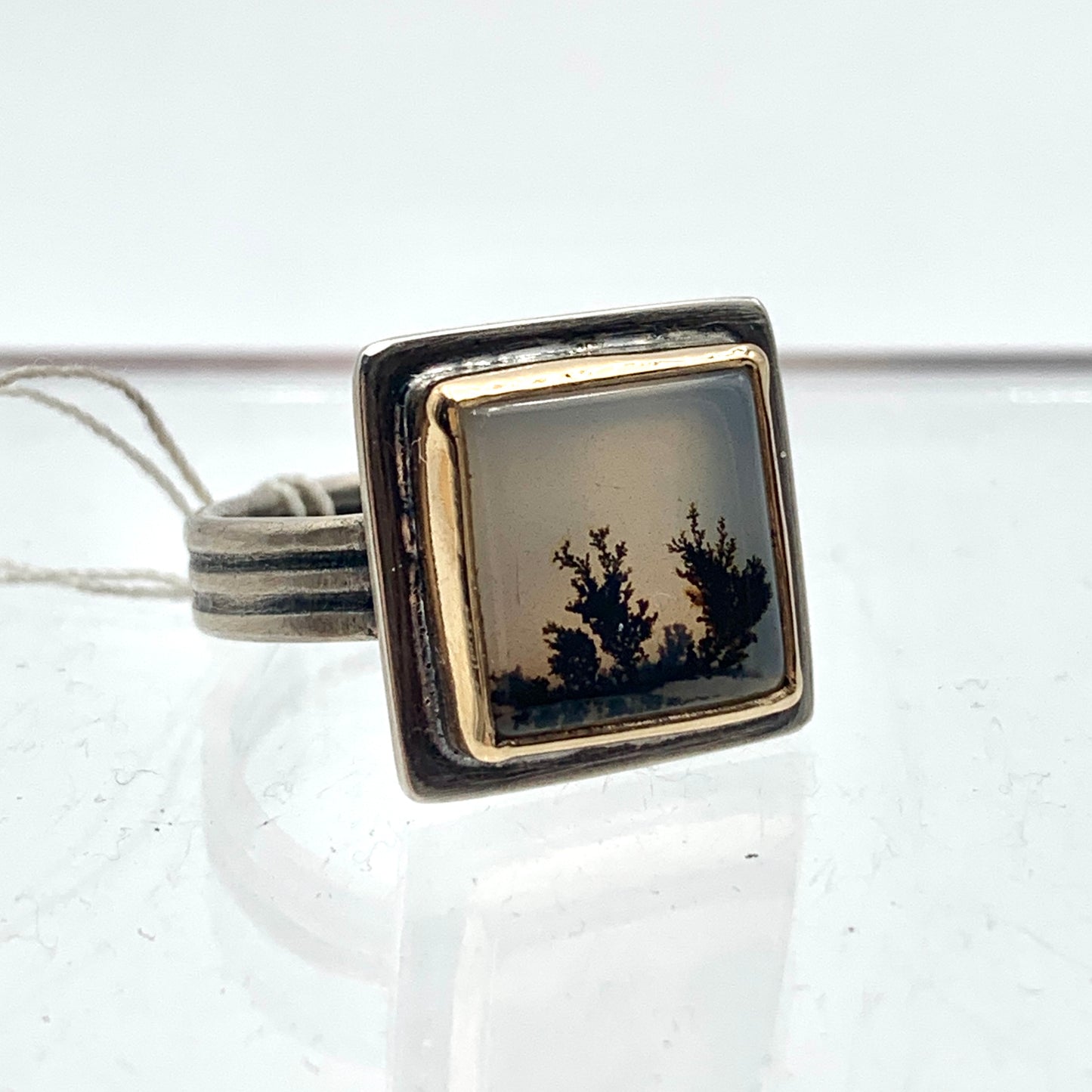 SS and 18k Gold Dendritic Agate Square Set Ring