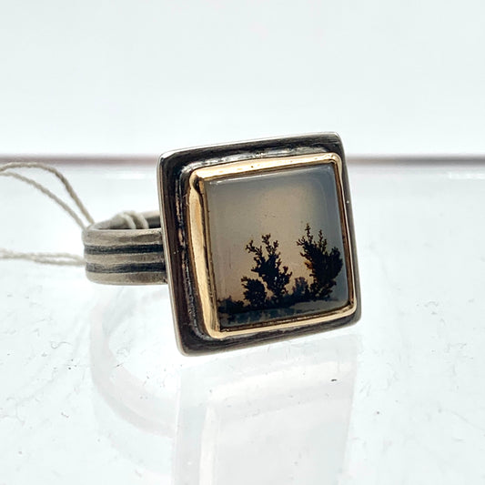 SS and 18k Gold Dendritic Agate Square Set Ring