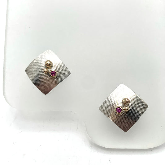 SS and 14k Gold Pink Tourmaline Square Stud Earrings
