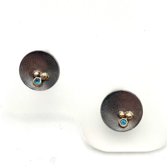 SS and 14k Gold London Blue Topaz Round Stud Earrings