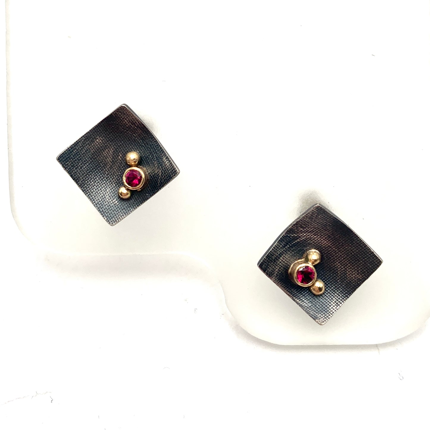 Oxidized SS and 14k Gold Pink Tourmaline Square Stud Earrings