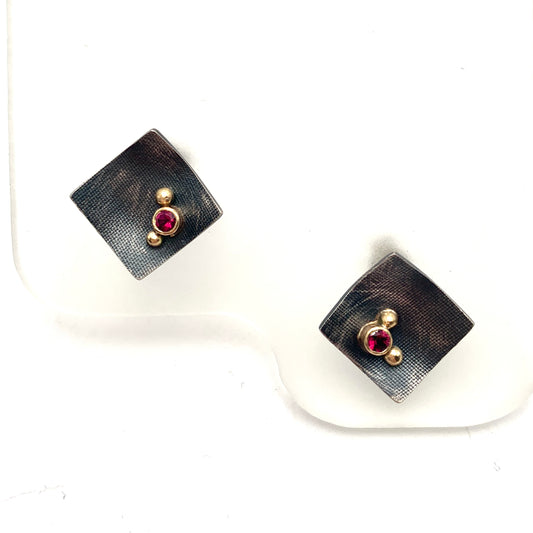 Oxidized SS and 14k Gold Pink Tourmaline Square Stud Earrings