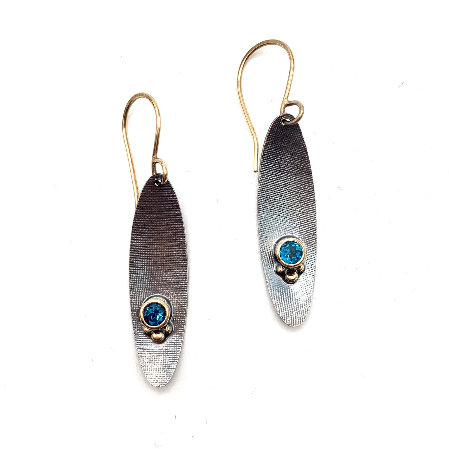Oxidized SS and 14k Gold London Blue Topaz Ellipse Earrings