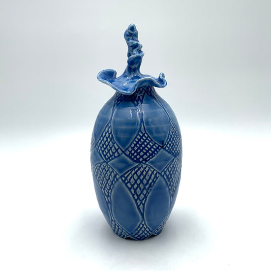Lidded Vase Carved Sky Blue