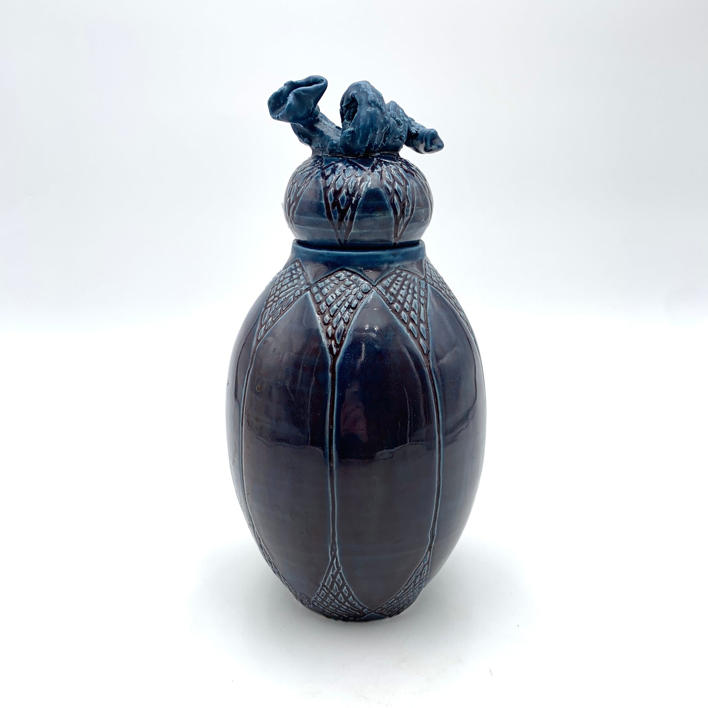 Lidded Vase Carved Purple Blue