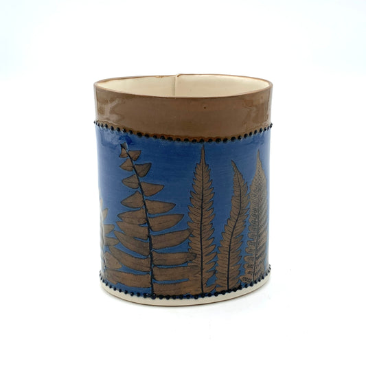 Oval Vase- Dk. Blue with Brown Fern Leaf
