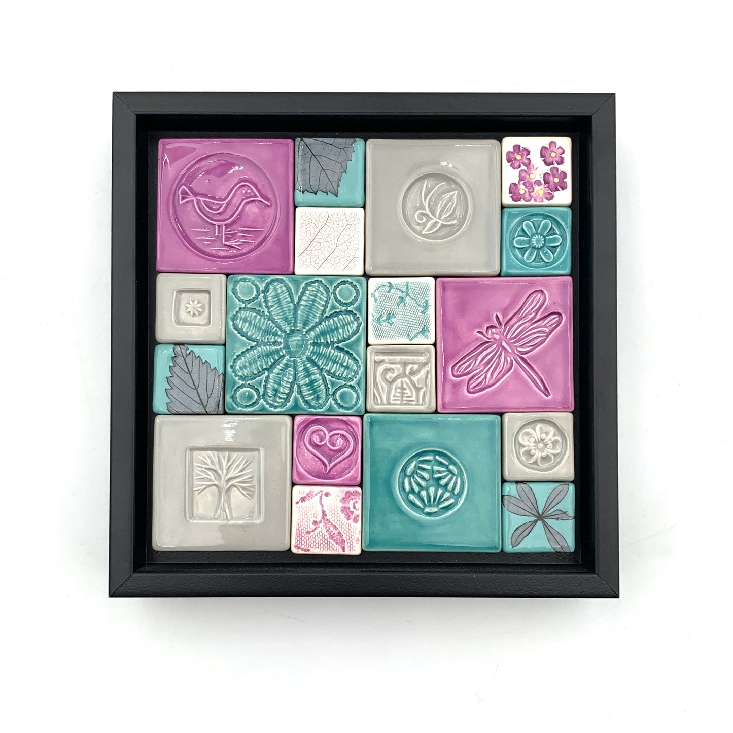 Quilt Tile 6 x 6 purple aqua grey in Black Frame