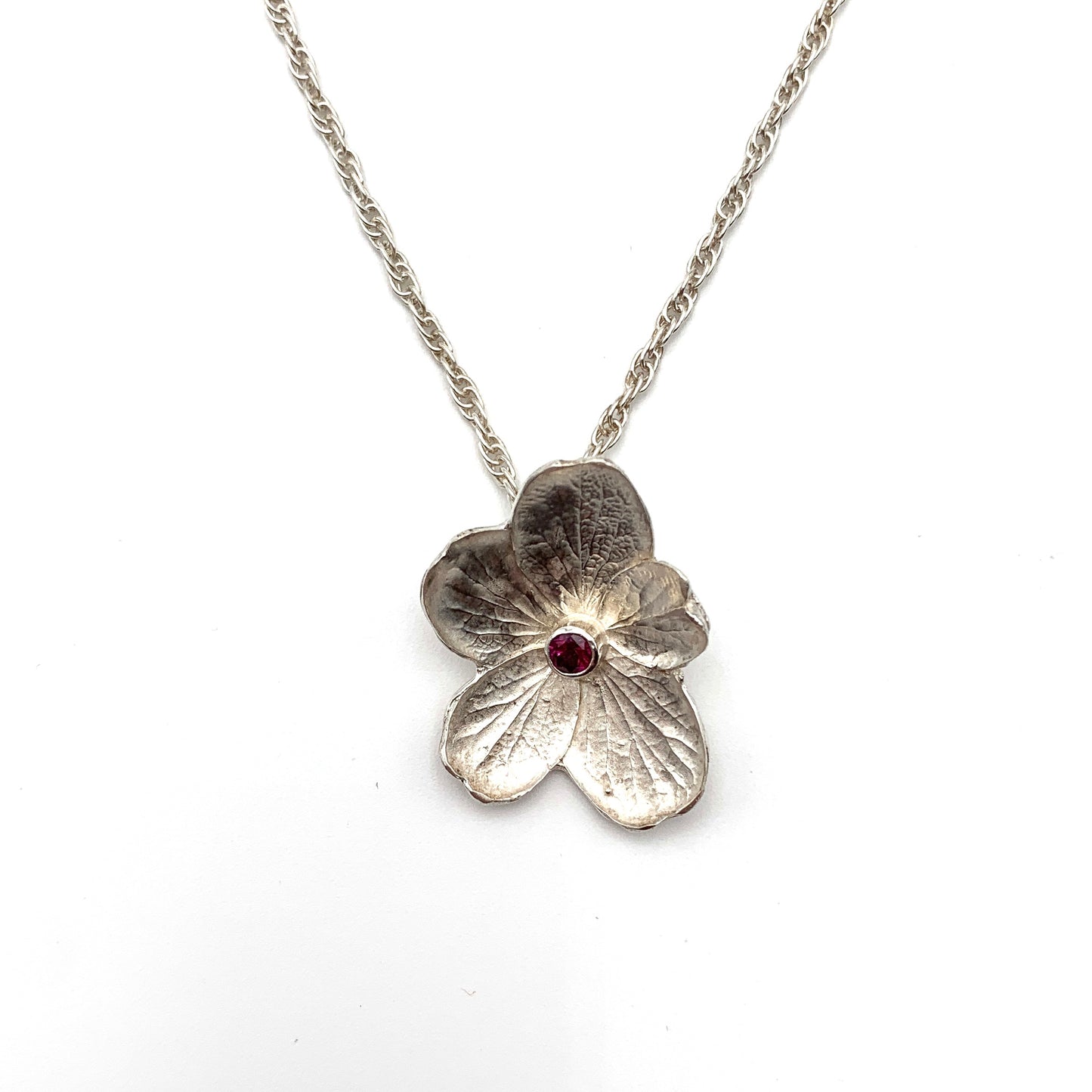 SS Hydrangea Pendant w Rhodolite Garnet