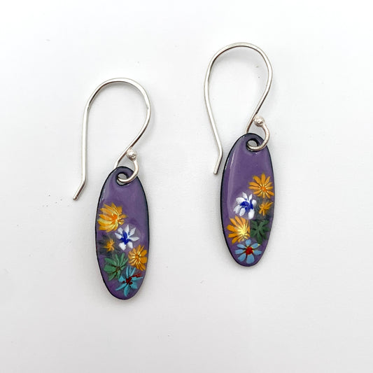 SS and Copper Earrings w Purple Flowers Enamel Oval