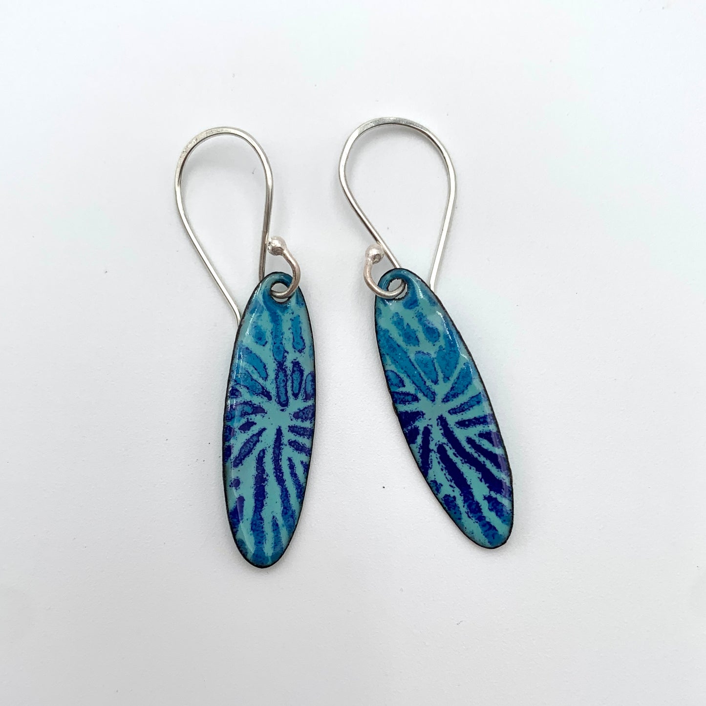 SS and Copper Earrings w Blue Pattern Enamel Oval