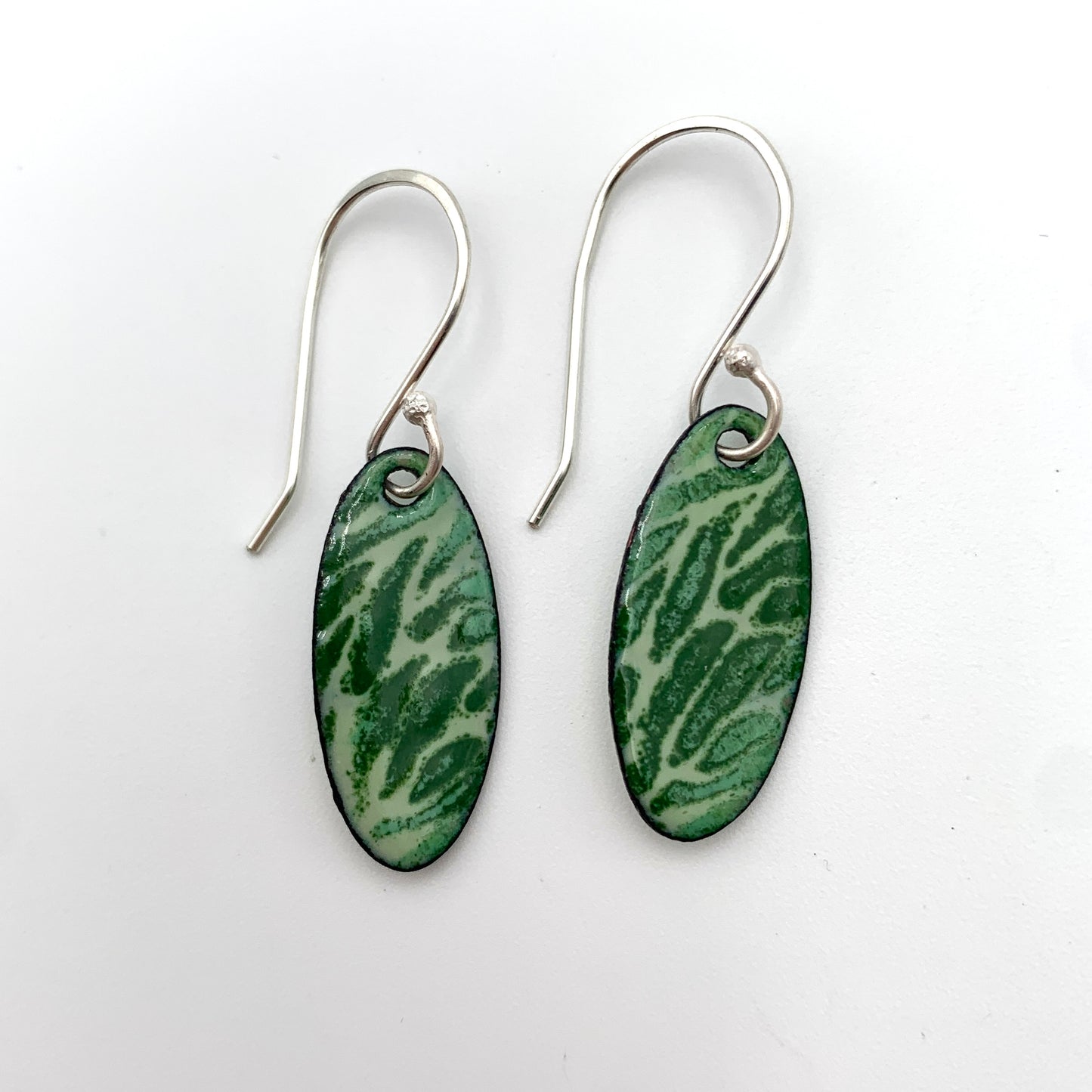 SS and Copper Earrings w Green Pattern Enamel Oval