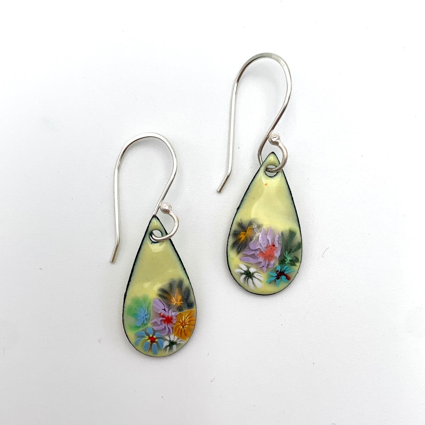 SS and Copper Earrings w Yellow Flowers Enamel Teardrop