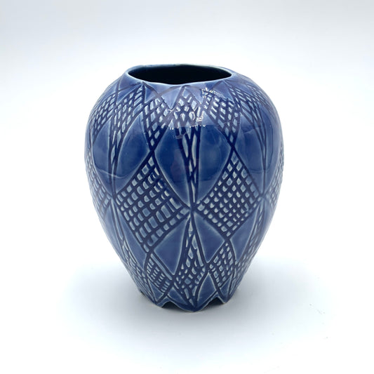 Lidded Vase Carved Dark Blue