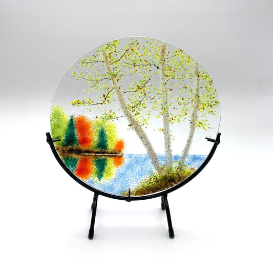 10" Round Fused Glass Landscape on Stand