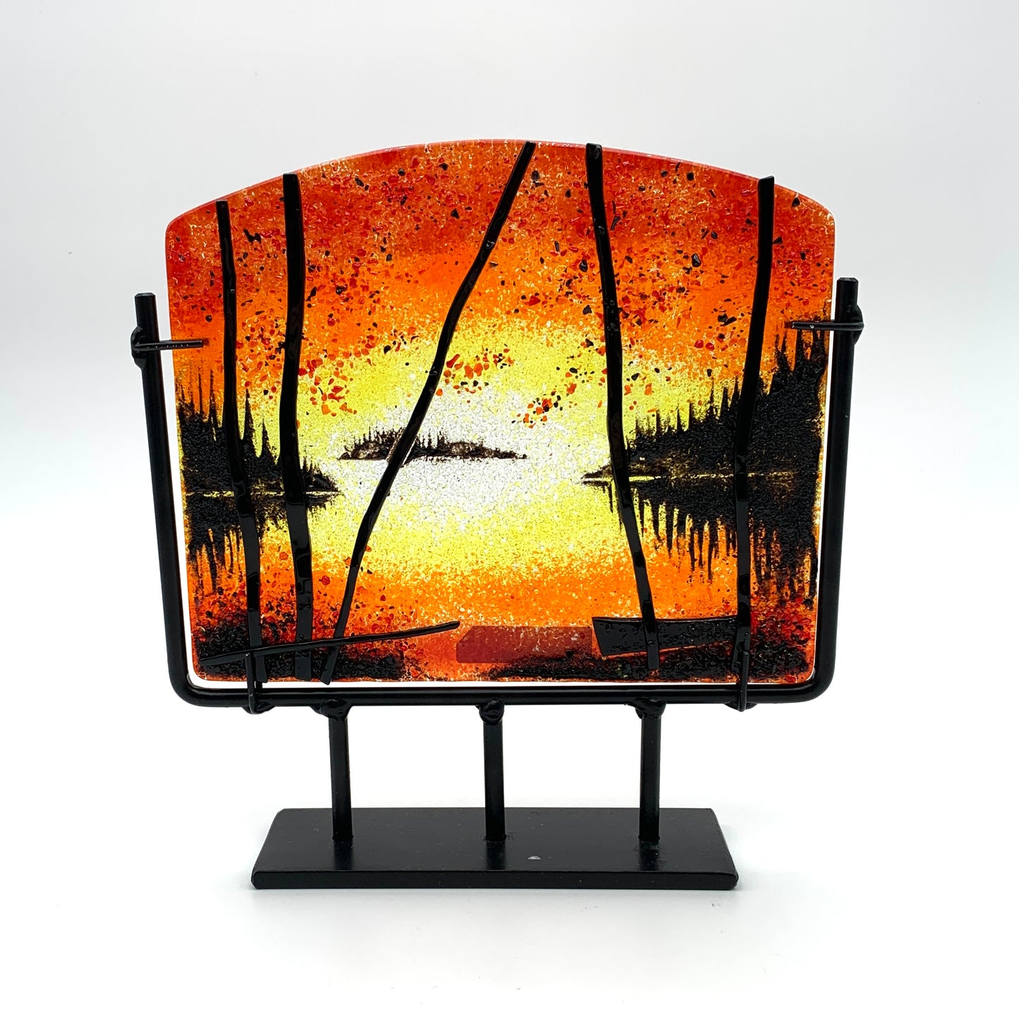 8" Fused Glass Landscape on Stand - Red/Orange