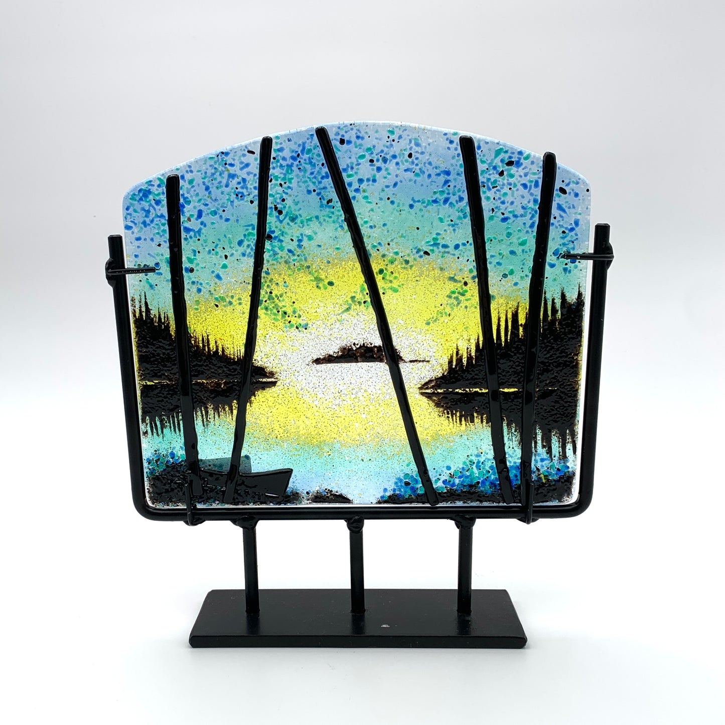 8" Fused Glass Landscape on Stand - Blue/Yellow