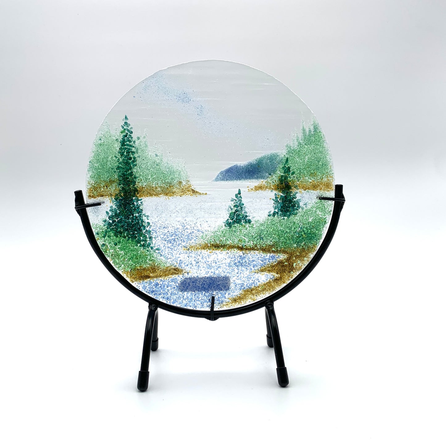 8" Round Fused Glass on Stand - River