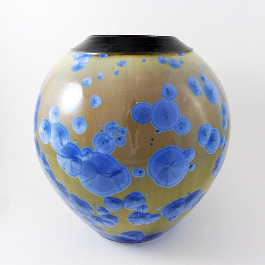 Large, Wide Crystalline Vase- Brown & Blue
