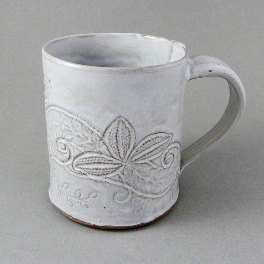 Embossed Mug Tall, White on Gray Clay